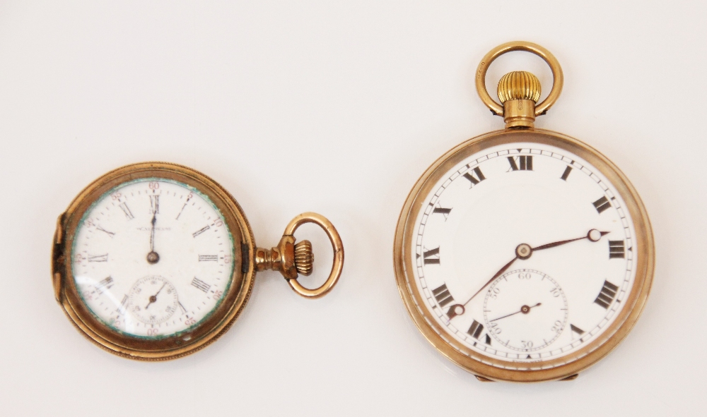 A 9ct yellow gold open faced pocket watch, the circular enamel white dial with roman numerals and