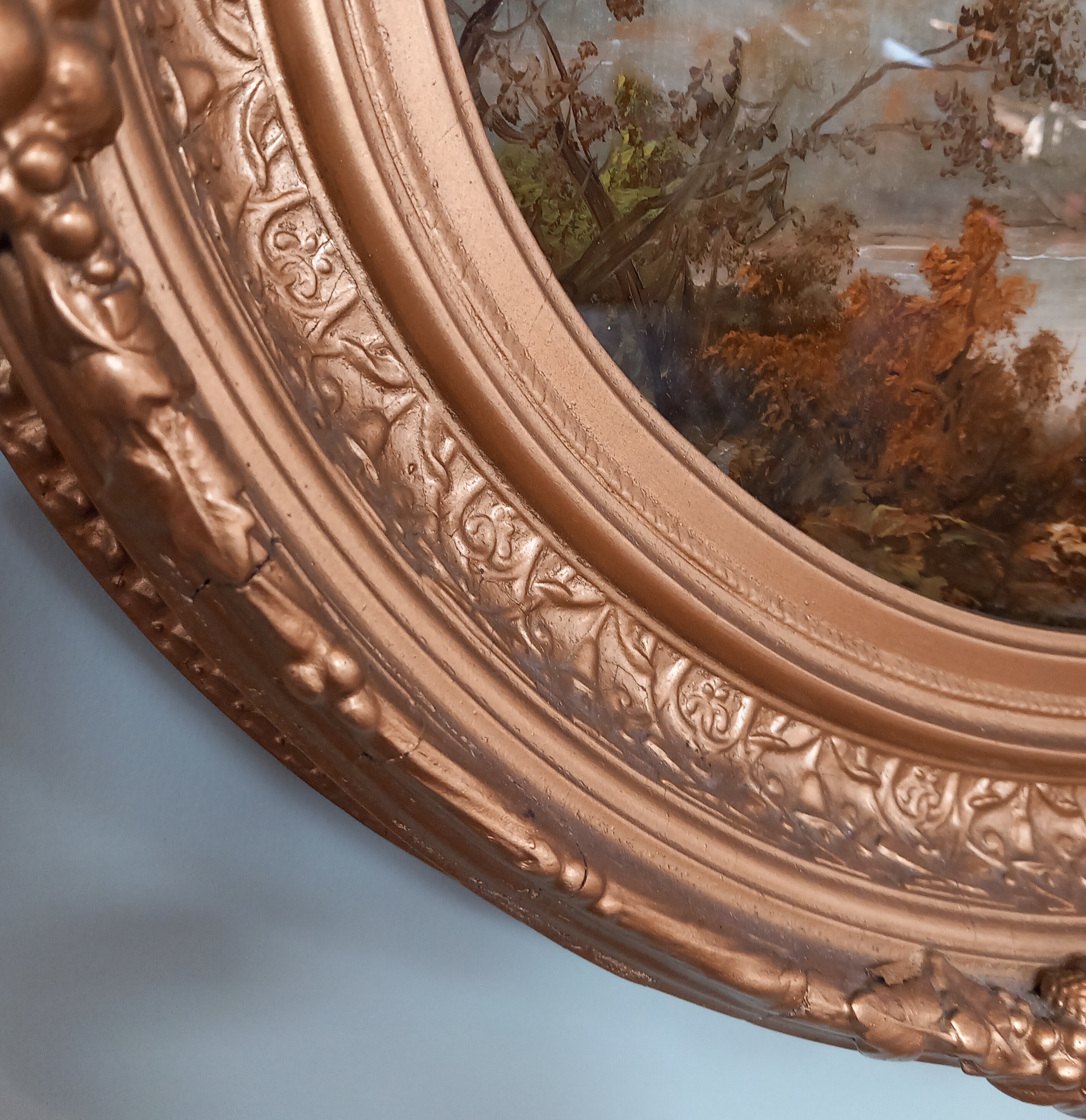Two reverse-painted landscapes on convex oval glass, late 19th or early 20th century, one - Image 6 of 8