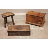 A 19th century pine box, with a vacant interior, upon a plinth base with integral bracket feet, 26cm