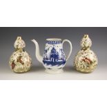 An English porcelain pearlware coffee pot, 18th century, of typical form decorated in underglaze