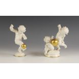 A German porcelain figural group, 20th century, modelled as two putti playing with a gilt ball,