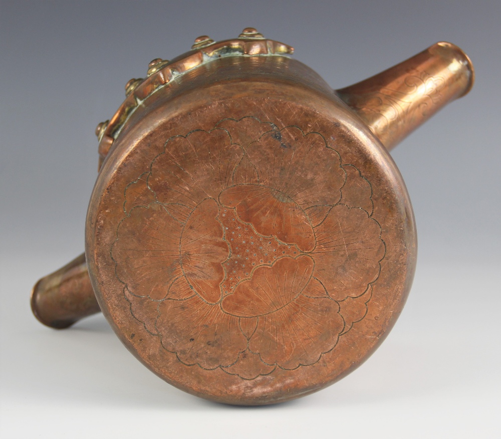 A Chinese copper cooking vessel, 18th/19th century, the tapered cylindrical body with twin spouts, - Image 2 of 2