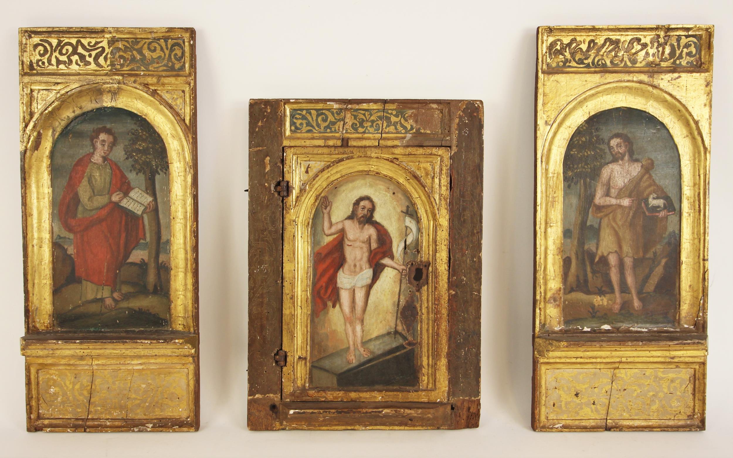 Three painted wooden panels, 19th century, probably taken from a Spanish altarpiece, each naively