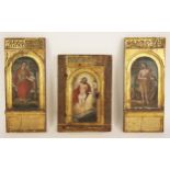 Three painted wooden panels, 19th century, probably taken from a Spanish altarpiece, each naively