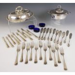 Fourteen Mappin & Webb silver plated forks, of plain polished form with dragon engraved to