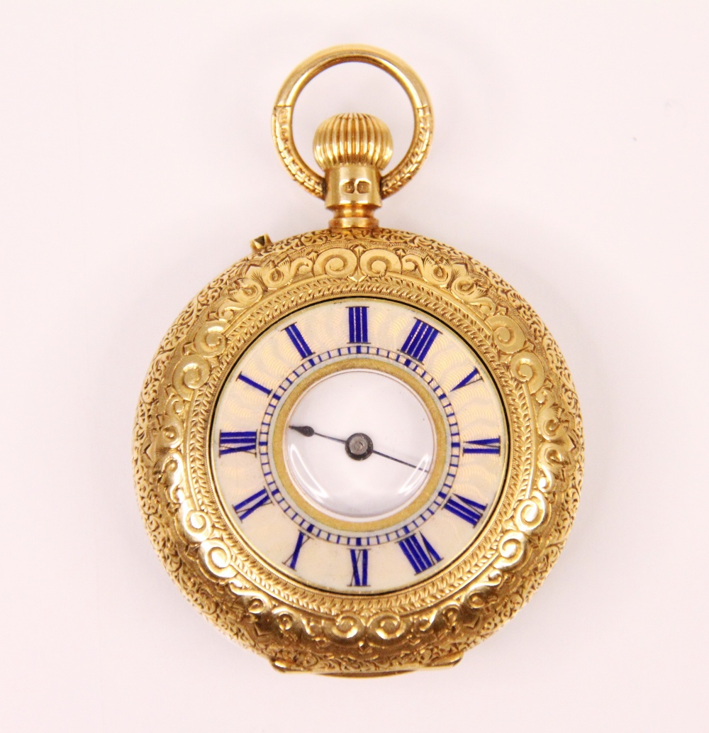 A Victorian 18ct yellow gold ladies half hunter pocket watch, the circular white enamel dial with