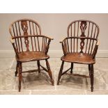A well matched pair of ash and elm Windsor farmhouse elbow chairs, 19th century, each with a hoop