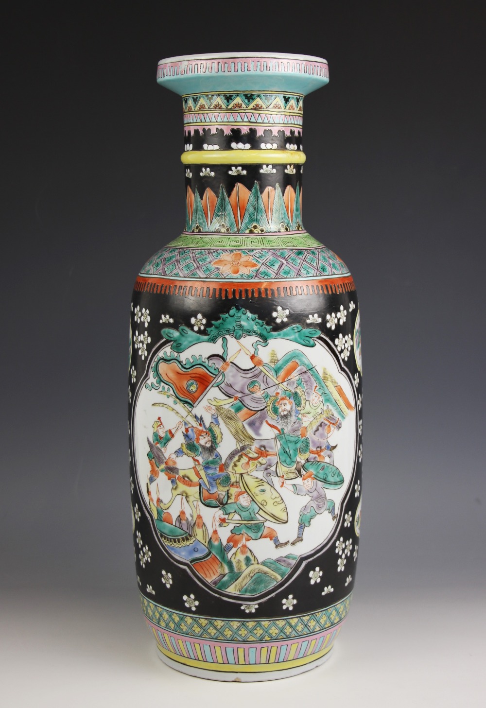 A Chinese porcelain famille verte baluster vase, Kangxi six-character mark, the body of the vase