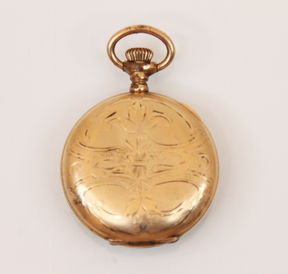 A 9ct yellow gold open faced pocket watch, the circular enamel white dial with roman numerals and - Image 2 of 3