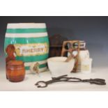 A collection of Victorian and later kitchenalia, to include a Sherry barrel, 33cm high, a pestle and