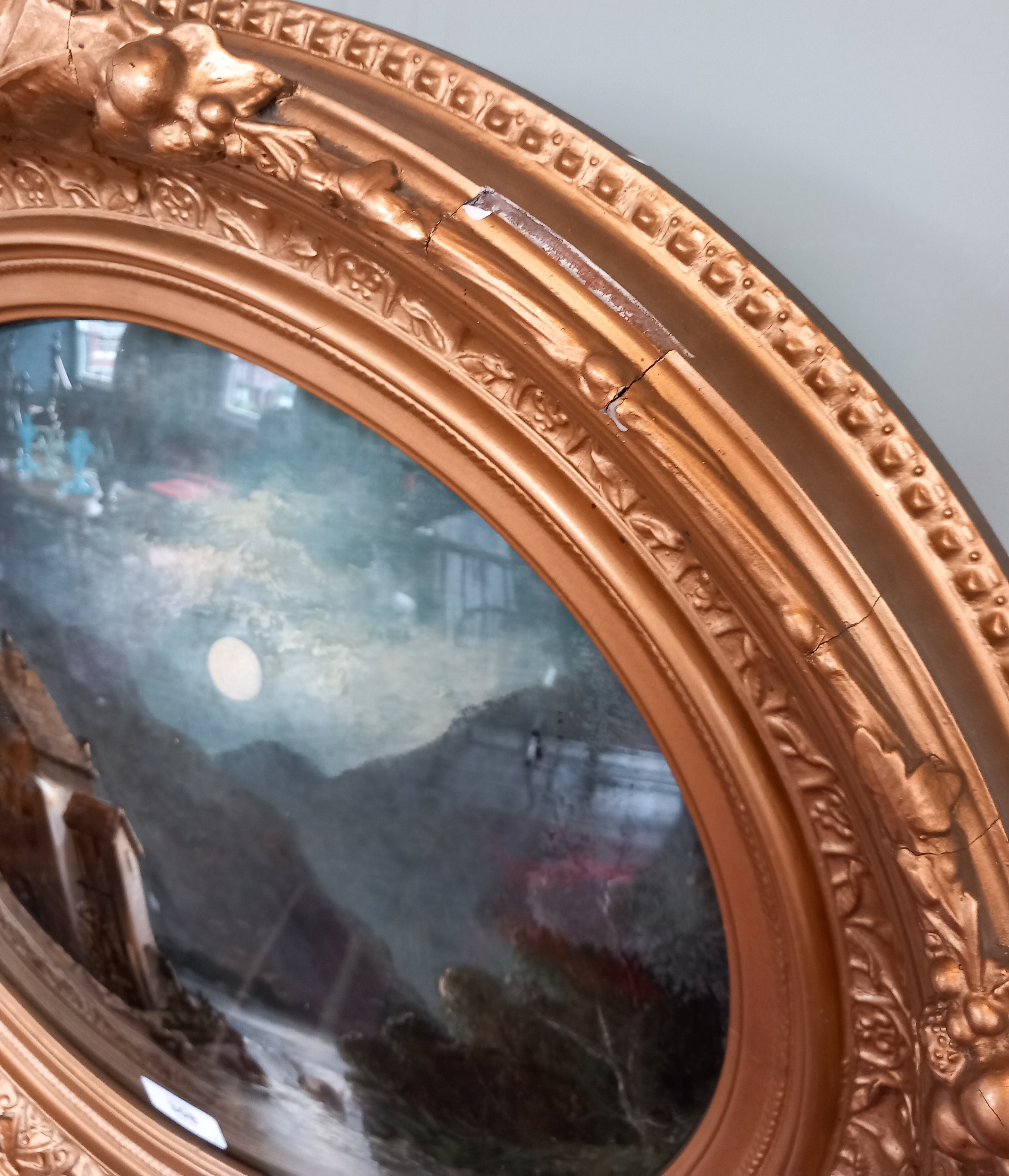 Two reverse-painted landscapes on convex oval glass, late 19th or early 20th century, one - Image 3 of 8