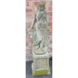 A reconstituted stone garden ornament, modelled as a classical female figure, upon a plinth base,