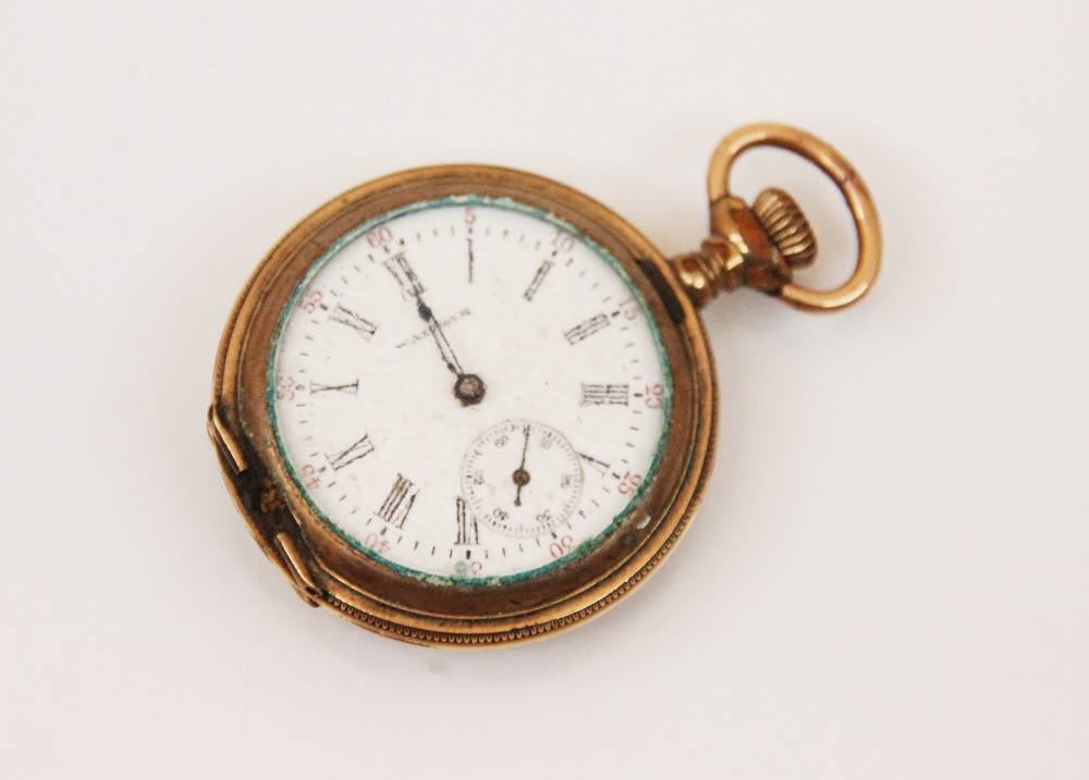 A 9ct yellow gold open faced pocket watch, the circular enamel white dial with roman numerals and - Image 3 of 3
