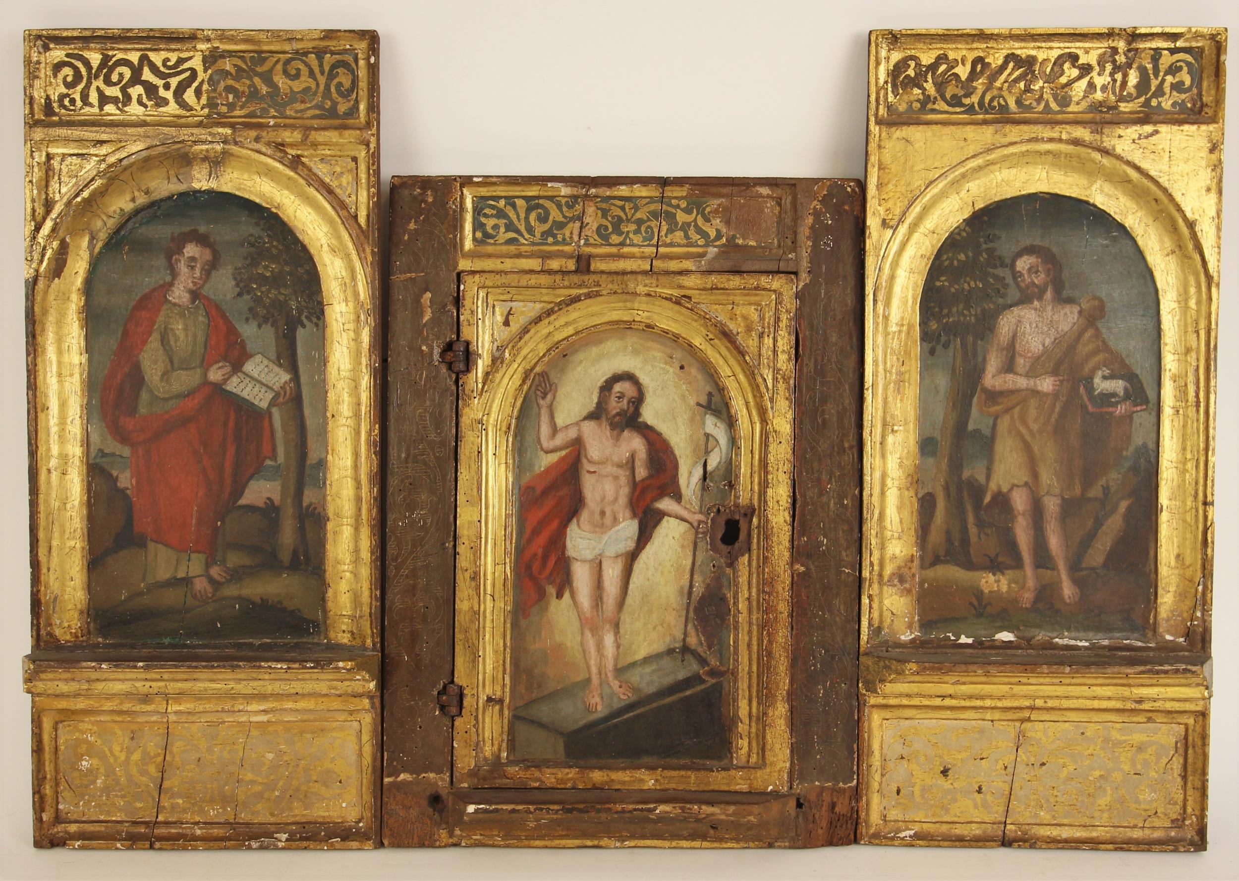 Three painted wooden panels, 19th century, probably taken from a Spanish altarpiece, each naively - Image 2 of 4