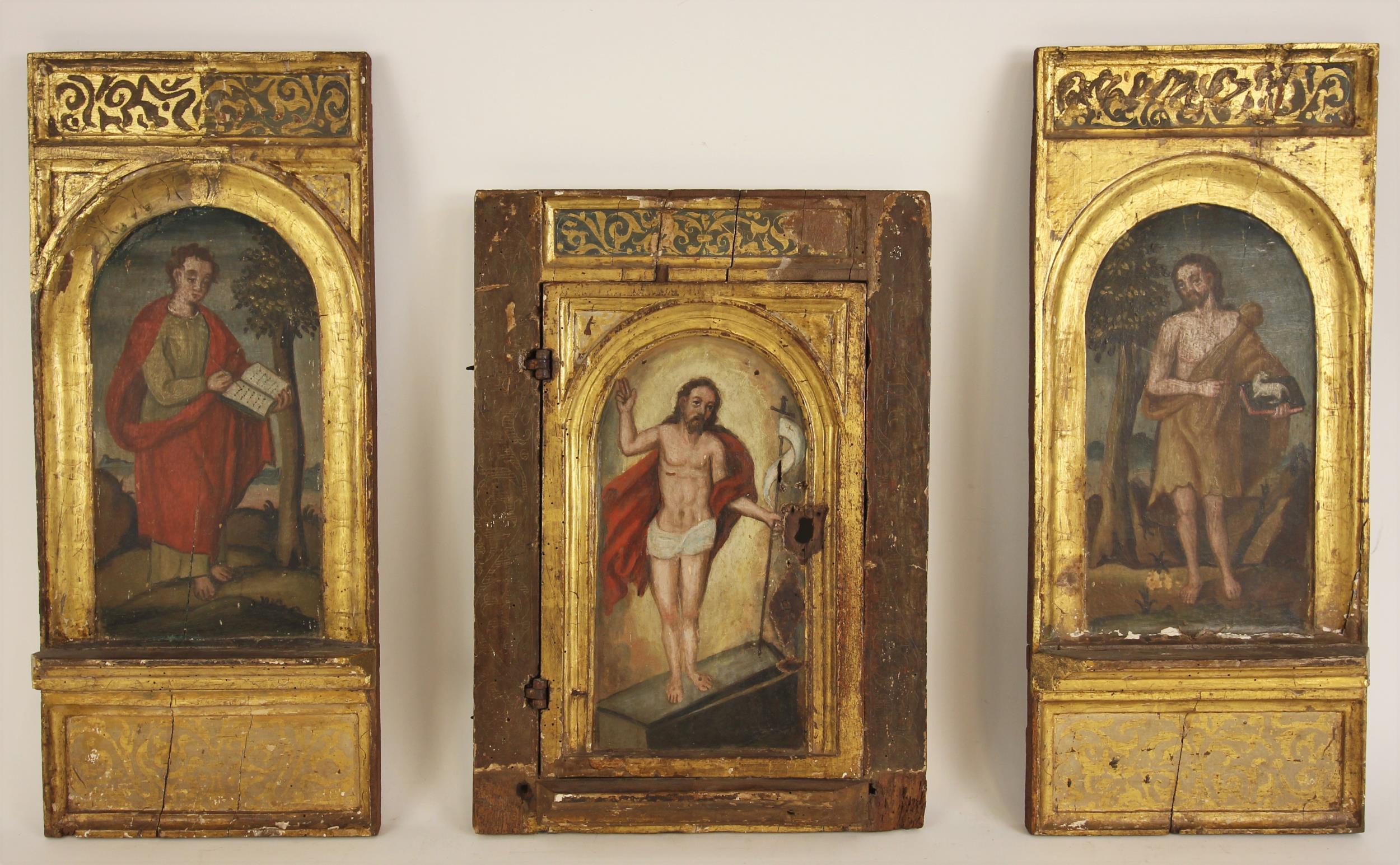 Three painted wooden panels, 19th century, probably taken from a Spanish altarpiece, each naively - Image 4 of 4