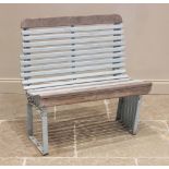 A painted slatted tram bench, early 20th century, of curved form, the slats mounted upon iron