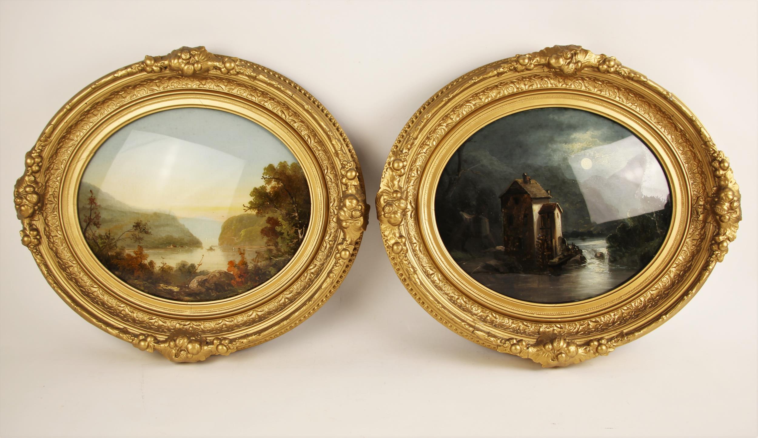 Two reverse-painted landscapes on convex oval glass, late 19th or early 20th century, one