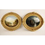 Two reverse-painted landscapes on convex oval glass, late 19th or early 20th century, one