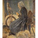Russian school (late 19th or early 20th century), A spinster at a spinning wheel in a cottage