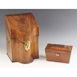 A George III flame mahogany cutlery box, of serpentine form, outlined with chevron stringing,