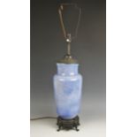 A Ruskin style vase/lamp base, the speckled blue baluster shaped vase with garland decorated top and