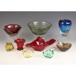 A Murano style cane work and aventurine glass bowl with shaped rim, 13.5cm wide, with a selection of