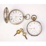 A Victorian silver half hunter pocket watch, the circular white enamel dial with roman numerals