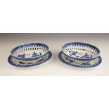 A pair of Staffordhsire pearlware 'Willow' pattern chestnut baskets and stands, 19th century, each
