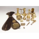 A selection of brass items, 20th century, including a pair of cast dwarf candlesticks, with