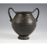 Ancient Greek two handled vessel, twin handled storage vessel with red painted slip decoration, (