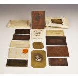 A collection of engraved copper printing plates, 19th century, used to produce visiting cards for Mr