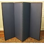 * A stained wood and blue vinyl four panel room screen, each panel measures 172cm x 57cm
