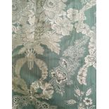 * Two pairs of interlined duck egg foliate damask curtains, embellished with silver coloured thread,
