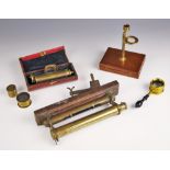 A Banks type lacquered brass simple type pocket microscope, early 19th century, to a fitted mahogany