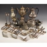 A large collection of silver plated wares, including a silver plated Walker and Hall coffee pot,