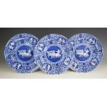 Three Spode blue and white dinner plates decorated in the 'Greek' pattern, 19th century, each with