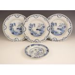 A set of three English Delft tin-glazed plates, 18th century, each of circular form and decorated