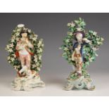 A near pair of English porcelain figures, 18th century, one modelled as a young gentleman in