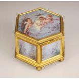 An enamel inset casket, late 19th/early 20th century, of hexagonal form, the cover painted with