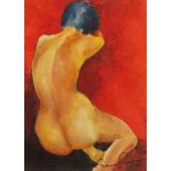 English school (late 20th century), A seated female nude against red, Oil on board, Indistinctly