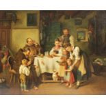 Dutch School (19th century), A family sharing supper with two monks, Oil on canvas, Indistinctly