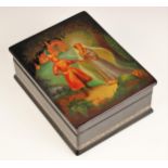 A Russian Fedoskino lacquered box and cover, 20th century, the hinged cover painted with a gentleman