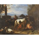 Circle of Pieter Van Bloemen (Flemish, 1657–1720), Resting travellers with horses, cattle and goats,