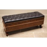 A Victorian walnut box duet stool, the button back upholstered leather and hinged seat opening to