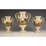 A garniture of three Bloor Derby vases, 19th century, each urn shaped vase with acanthus moulded
