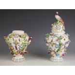 A pair of Bow porcelain potpourri 'frill' vases, circa 1764, each high shouldered vase decorated