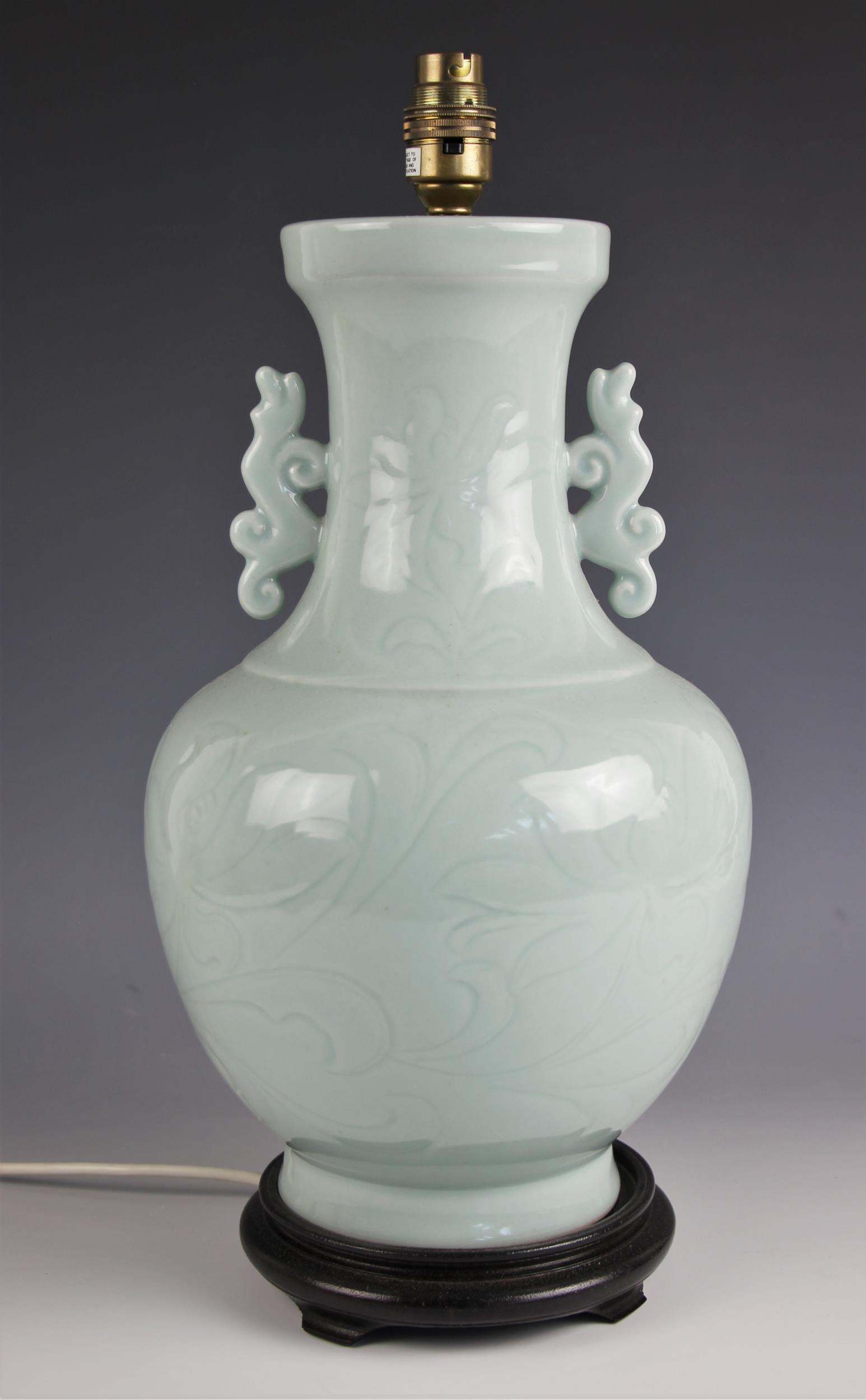 A Chinese porcelain Longquan celadon lamp base, 20th century, of baluster arrow form with incised