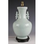 A Chinese porcelain Longquan celadon lamp base, 20th century, of baluster arrow form with incised