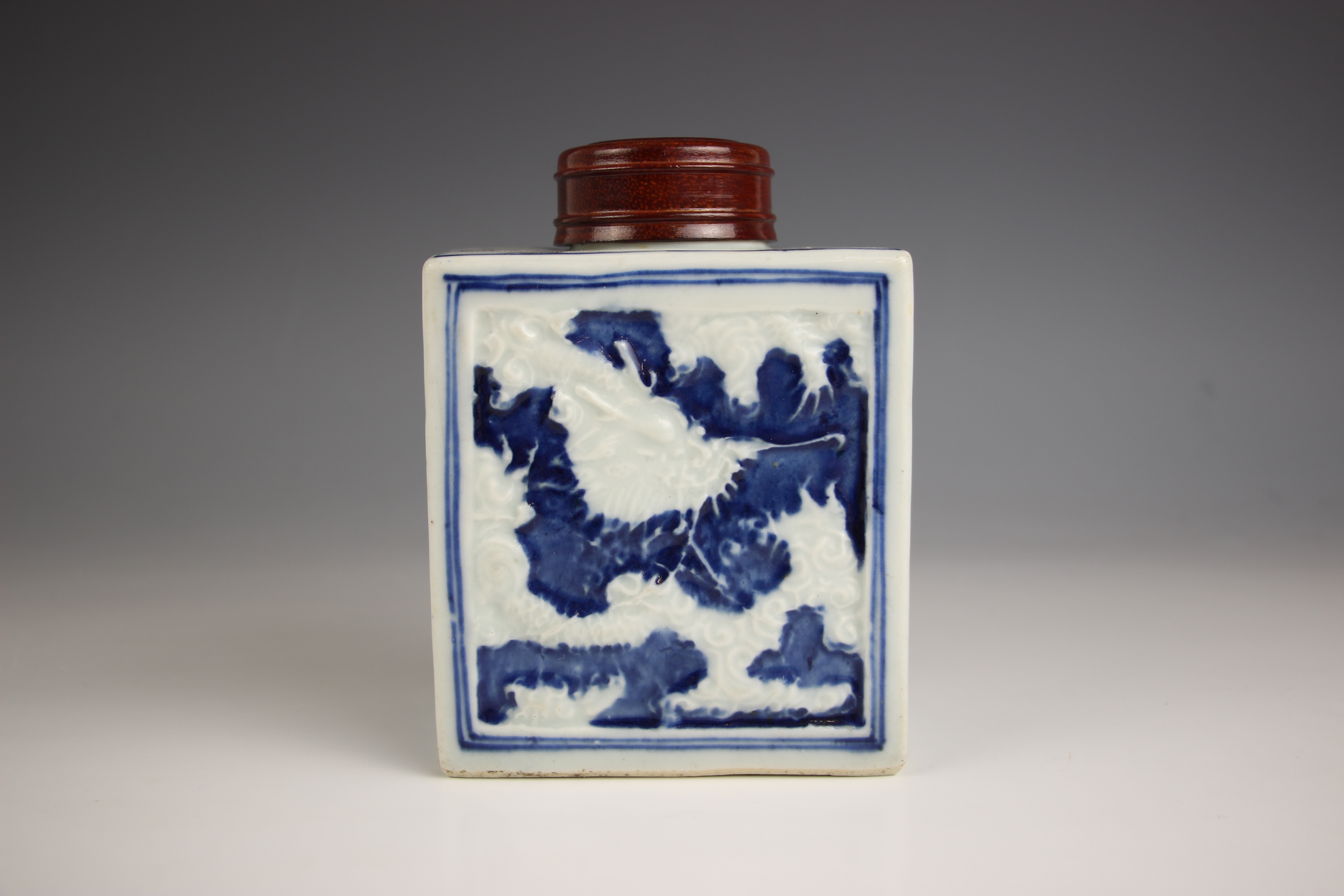 A Chinese porcelain blue and white tea caddy, 18th century, of rectangular form and relief decorated - Image 3 of 7