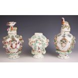 Three Derby porcelain potpourri 'Frill' vases, circa 1764, the high shouldered bodies with pierced